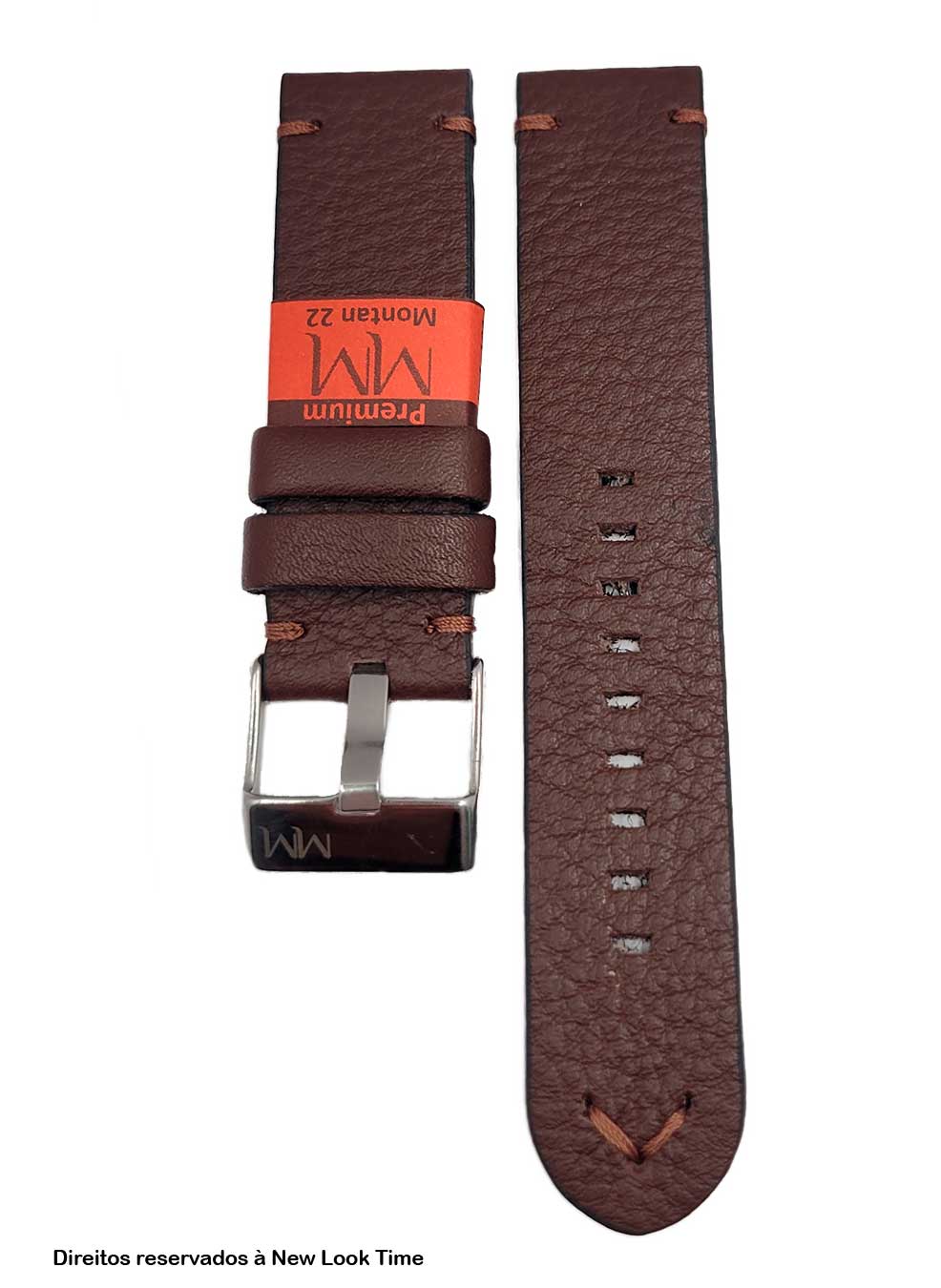 Pulseira Couro Marrom Relógios 22mm Montan Costura na cor Fivela Prata