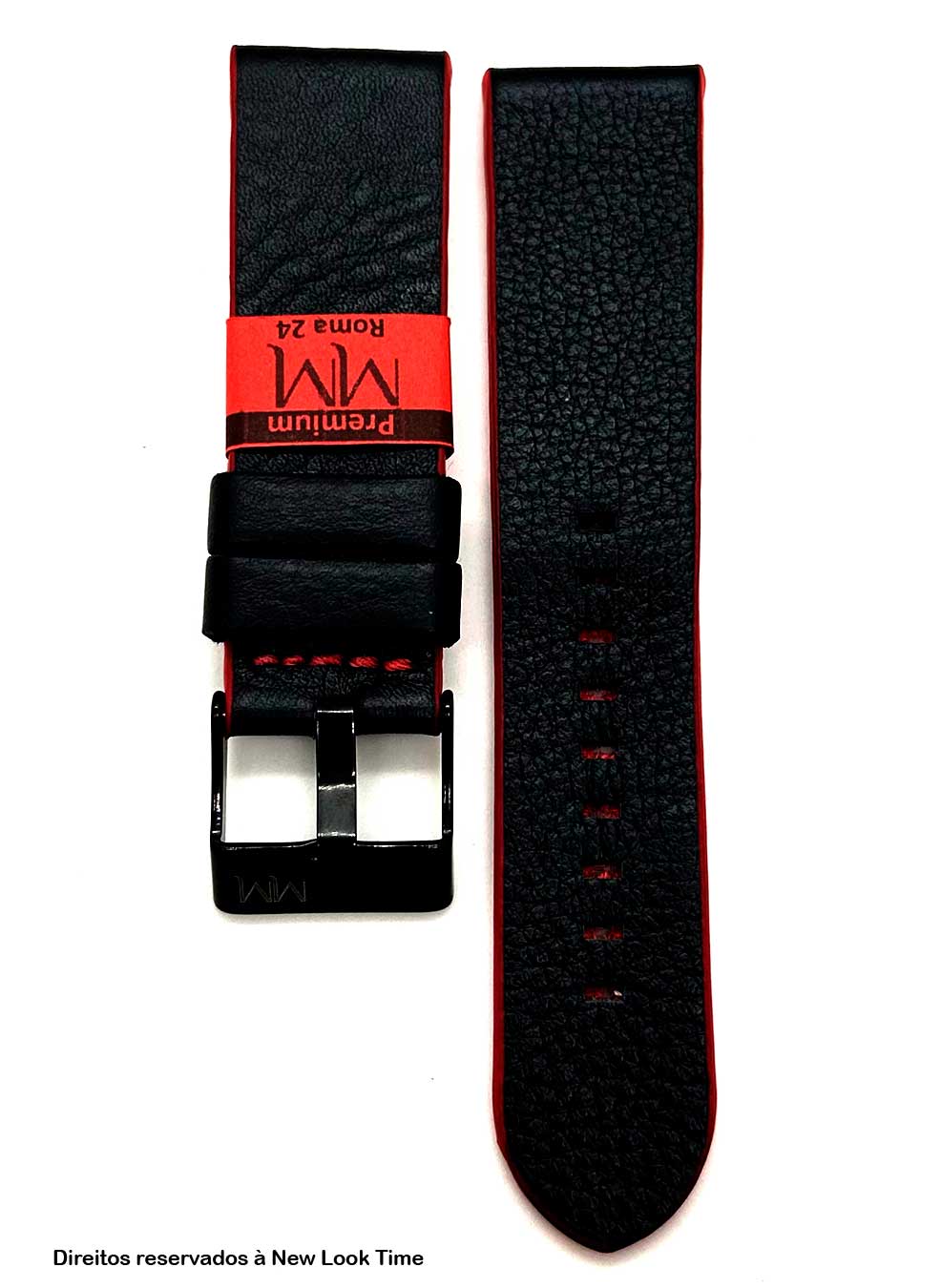 Pulseira Couro Preto Relógios 24mm Roma Fivela Preta
