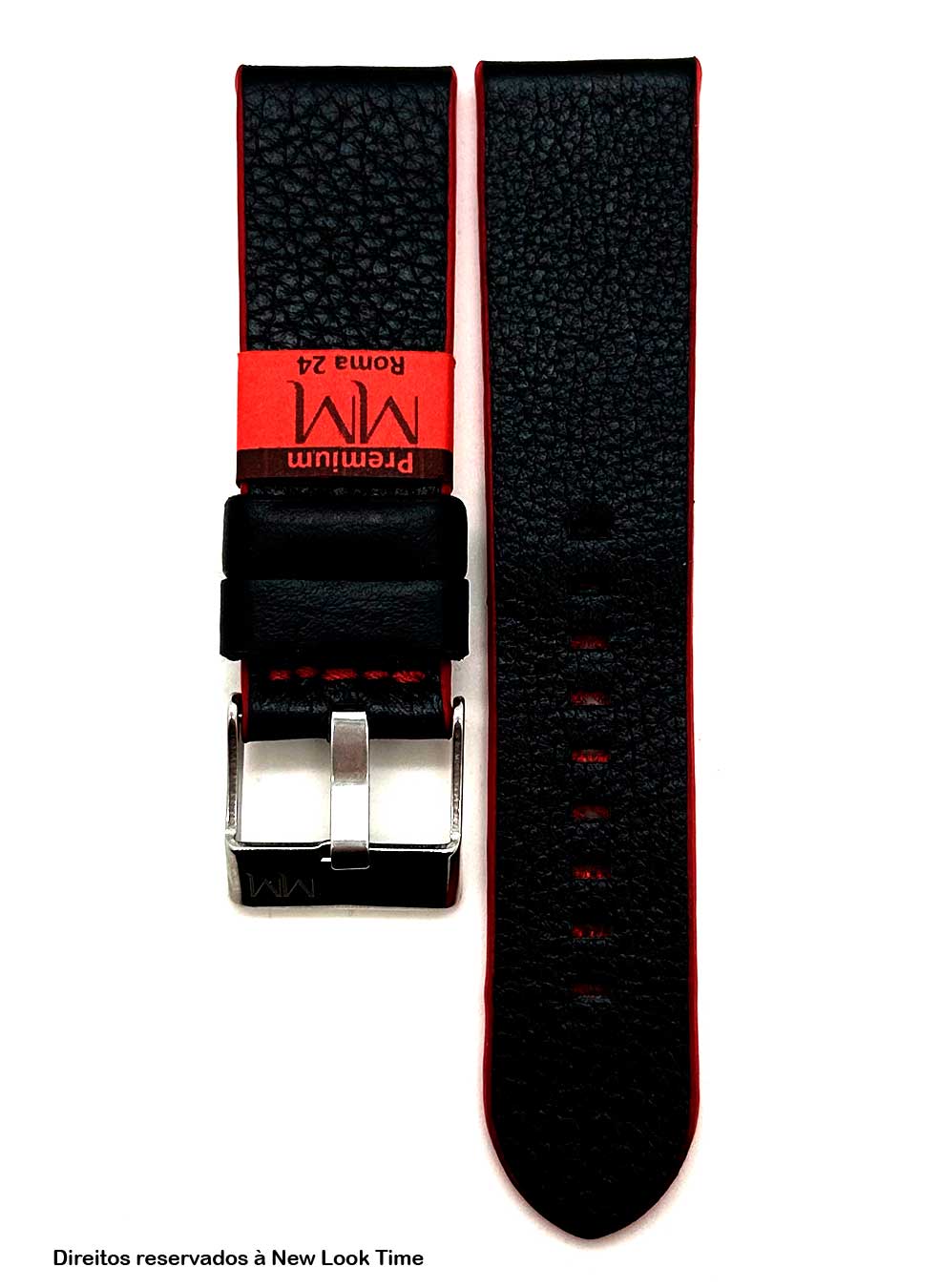 Pulseira Couro Preto Relógios 24mm Roma Fivela Prata