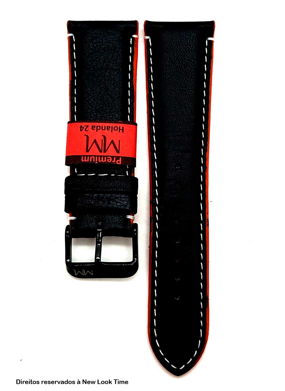 Pulseira Couro Preto Relógios 24mm Holanda Costura Branca Fivela Preta