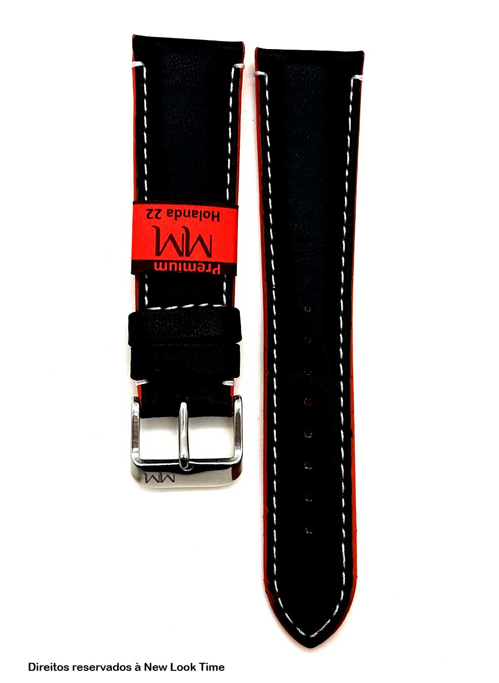 Pulseira Couro Preto Relógios 22mm Holanda Costura Branca Fivela Prata