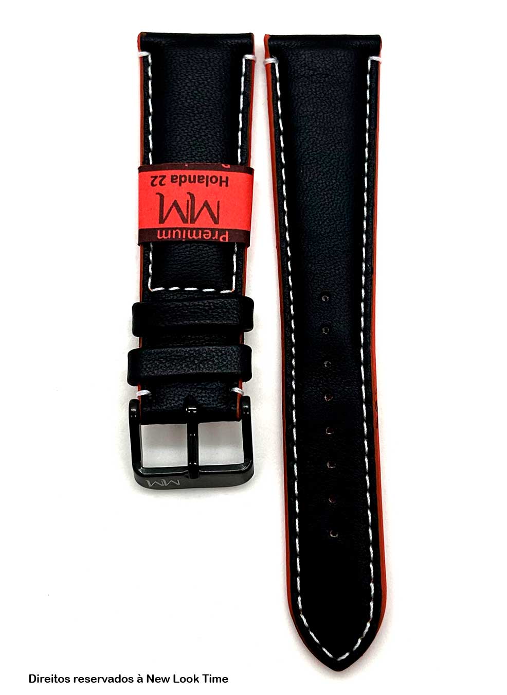 Pulseira Couro Preto Relógios 22mm Holanda Costura Branca Fivela Preta