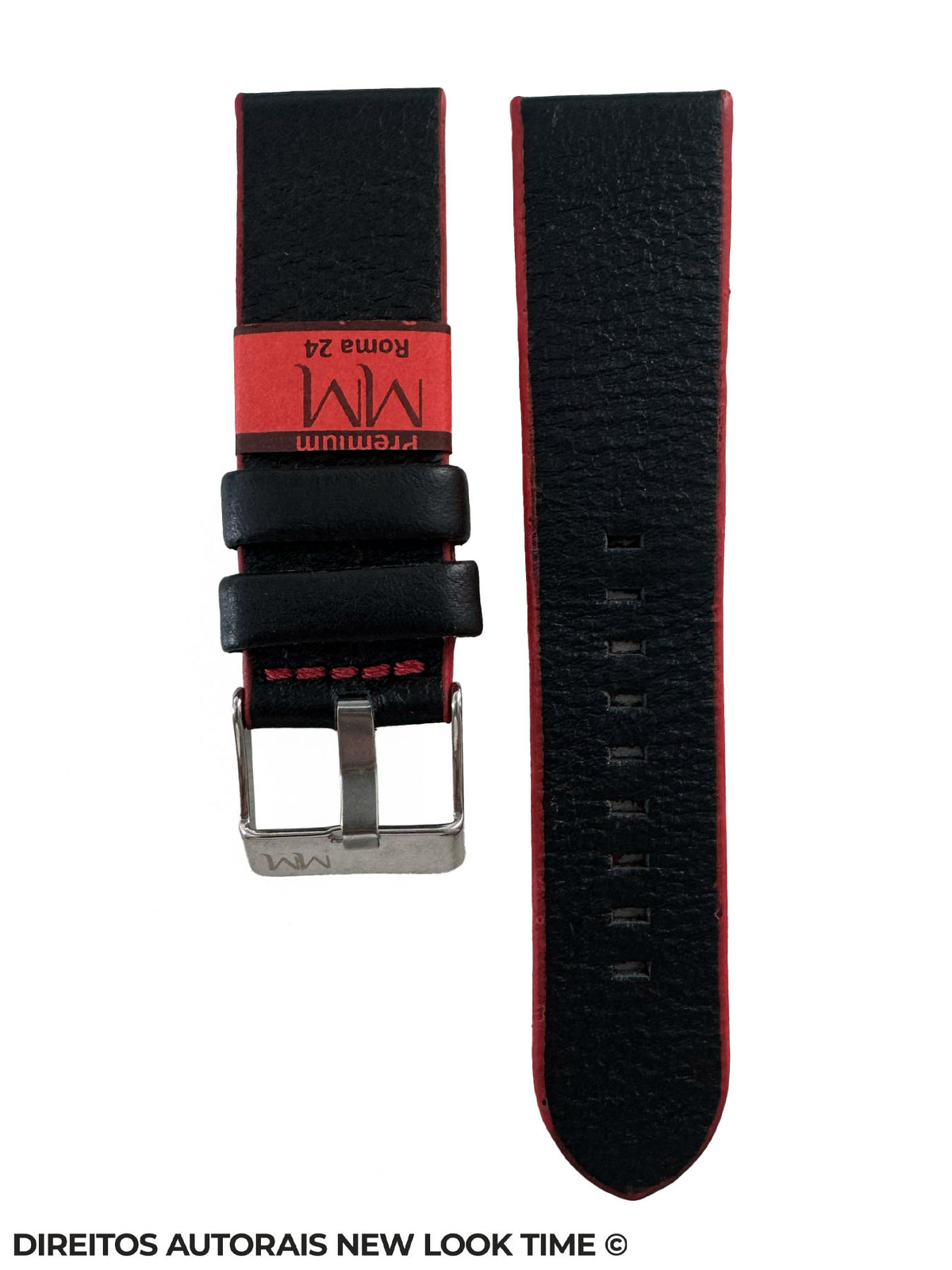 Pulseira Couro Preto Lisa Relogios 24mm Roma Fivela Prata