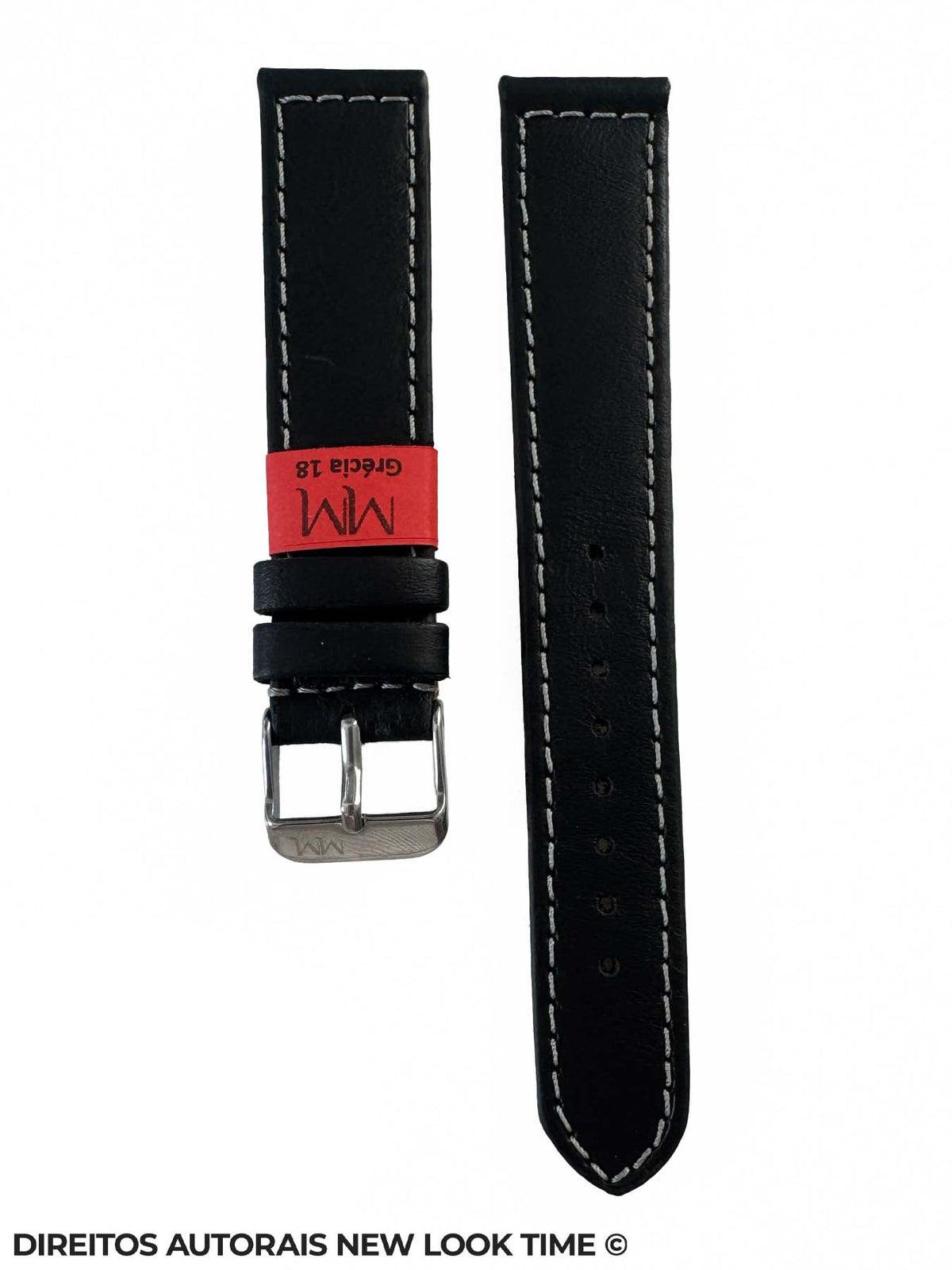 Pulseira Couro Preta Relogios 18mm Grecia Costura Branca Fivela Prata