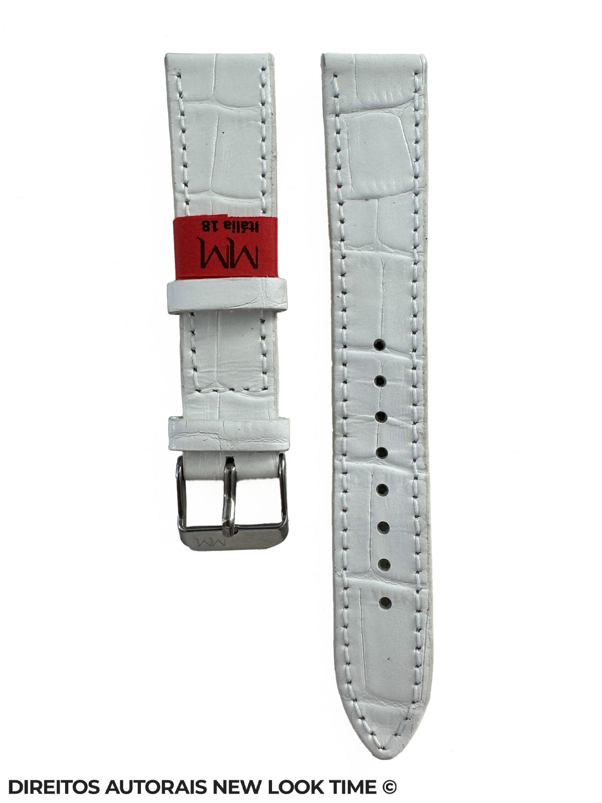 Pulseira Couro Branca Relogios 18mm Italia Croco Costura na Cor Fivela Prata
