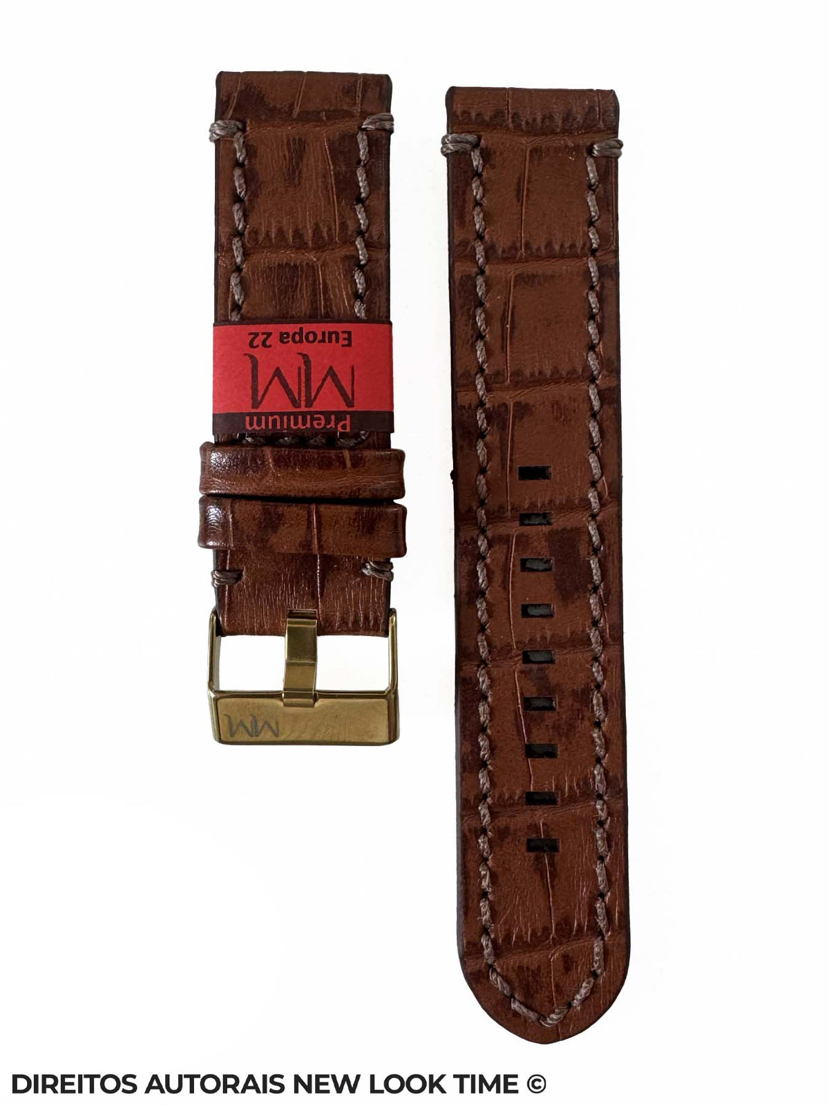 Pulseira Couro Marrom Relogios 22mm Europa Croco Costura na Cor Fivela Dourada