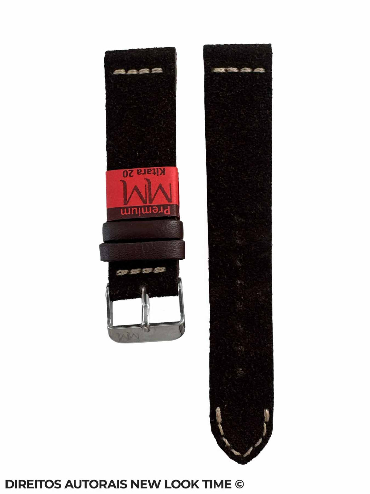 Pulseira Couro Marrom em Camurça Relogios 20mm Kitara Costura Clara Fivela Prata
