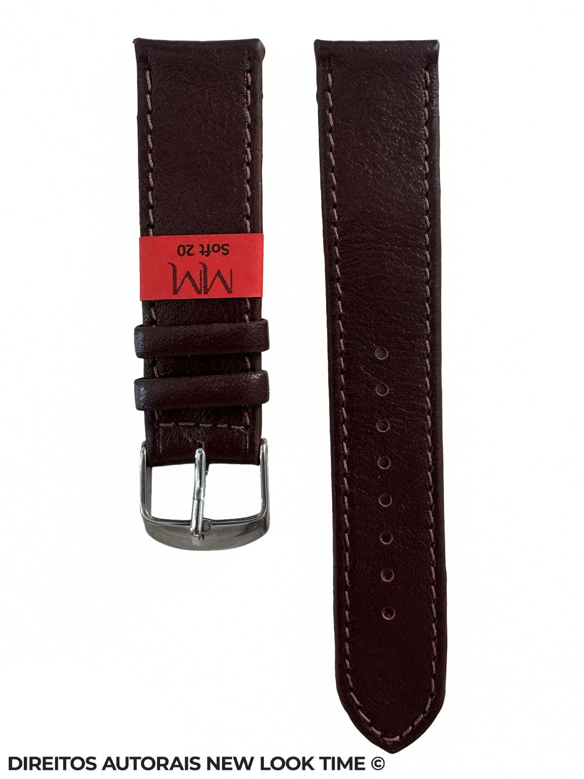 Pulseira de Couro Marrom Relogios 20mm Soft Costura na Cor Fivela Prata