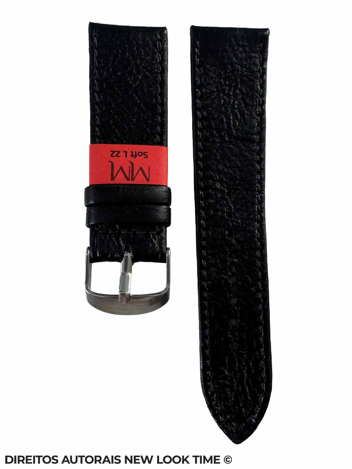 Pulseira Couro Preto Relogios 22mm Soft L Costura na Cor Fivela Prata
