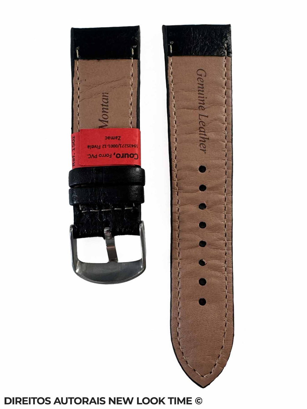 Pulseira Couro Preto Relogios 22mm Soft L Costura na Cor Fivela Prata