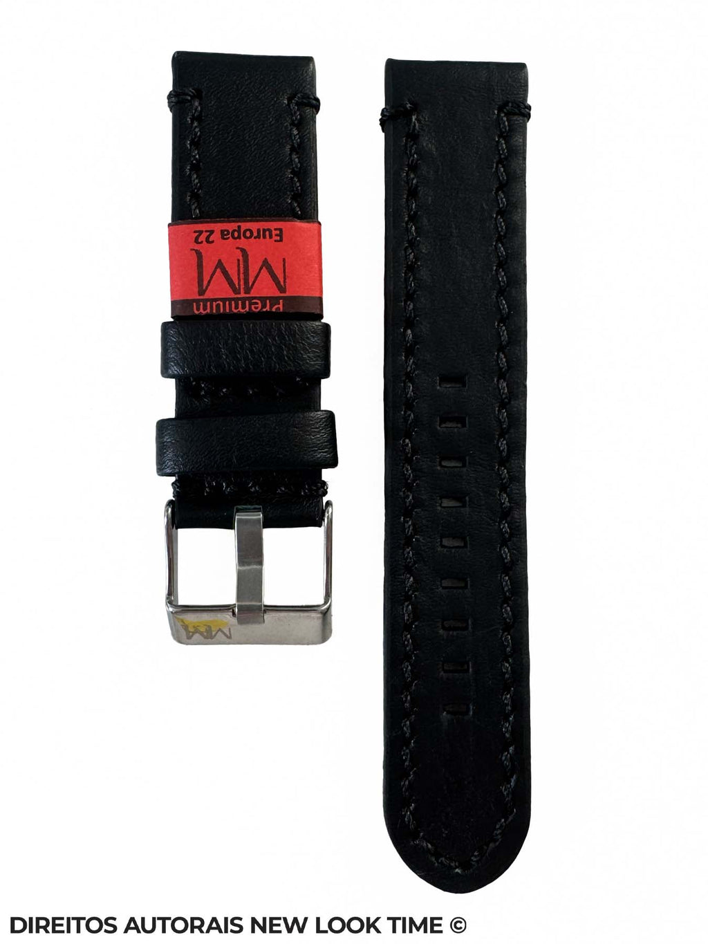 Pulseira Couro Preto Relogios 22mm Europa Costura na Cor Fivela Prata