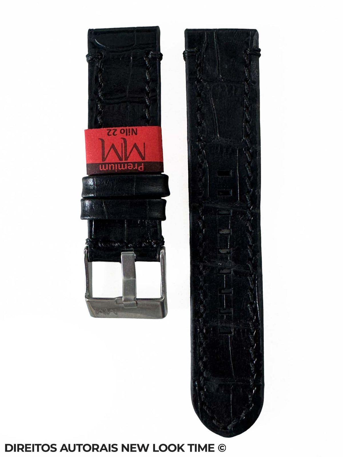 Pulseira Couro Preto Relogios 22mm Nilo Costura na Cor Fivela Prata