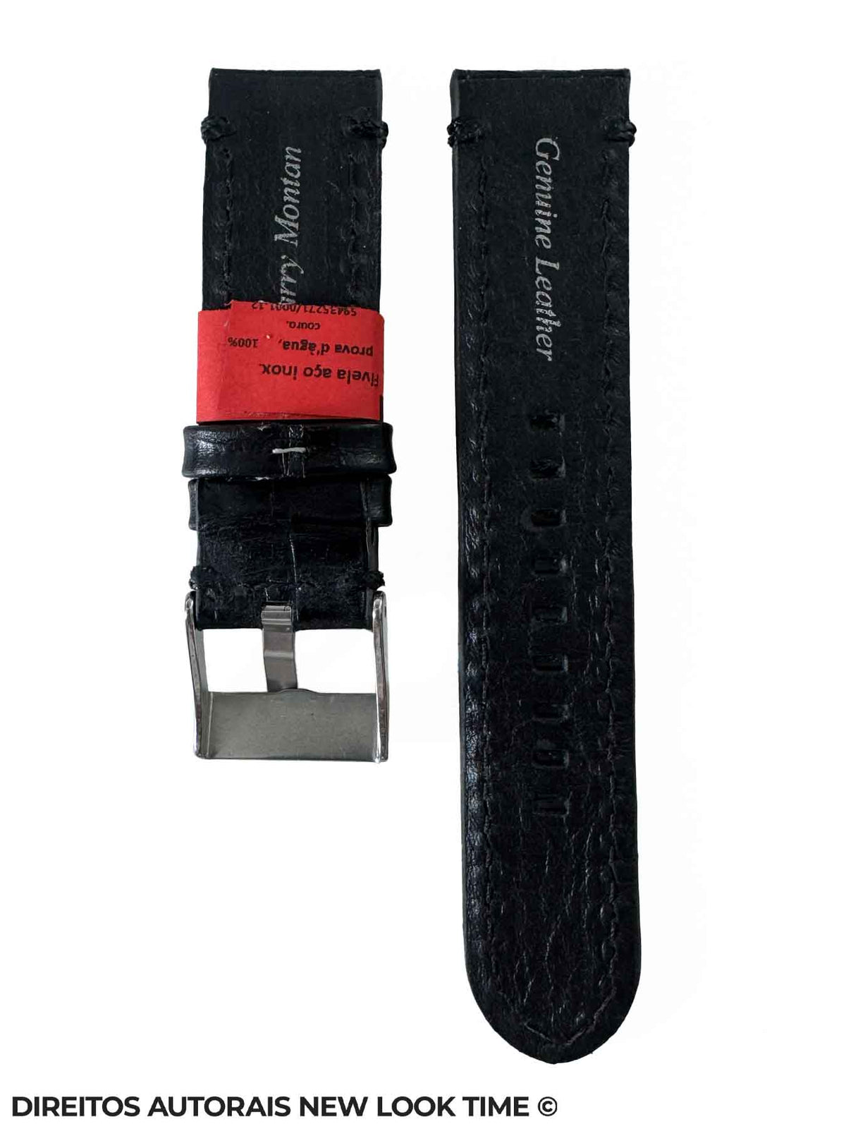 Pulseira Couro Preto Relogios 22mm Nilo Costura na Cor Fivela Prata