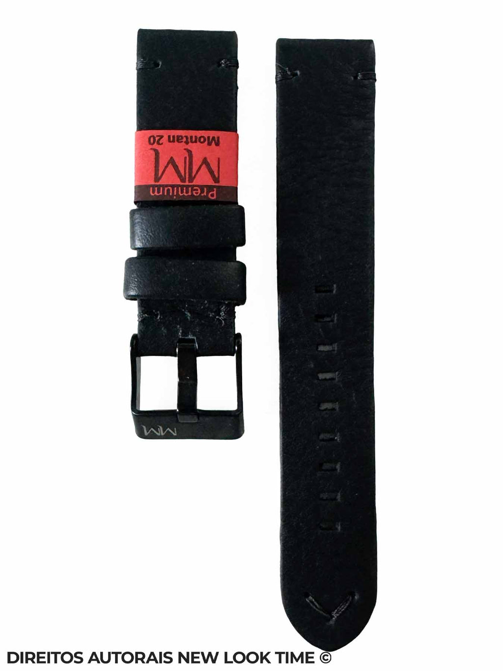 Pulseira Couro Preto Relogios 20mm Montan Costura na Cor Fivela Preta