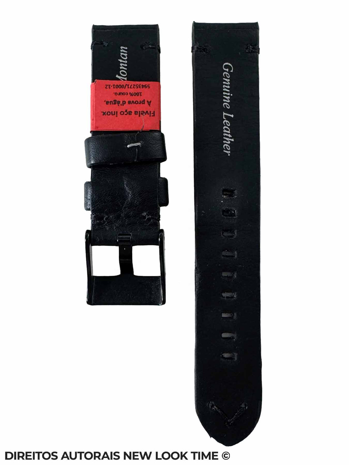 Pulseira Couro Preto Relogios 20mm Montan Costura na Cor Fivela Preta