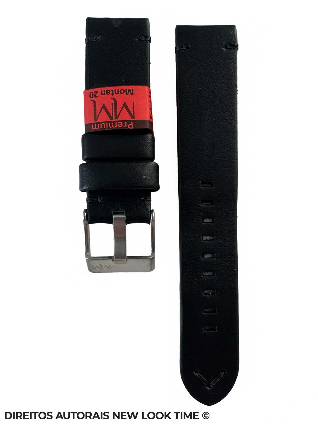 Pulseira Couro Preta Relogios 20mm Montan Costura na Cor Fivela Prata