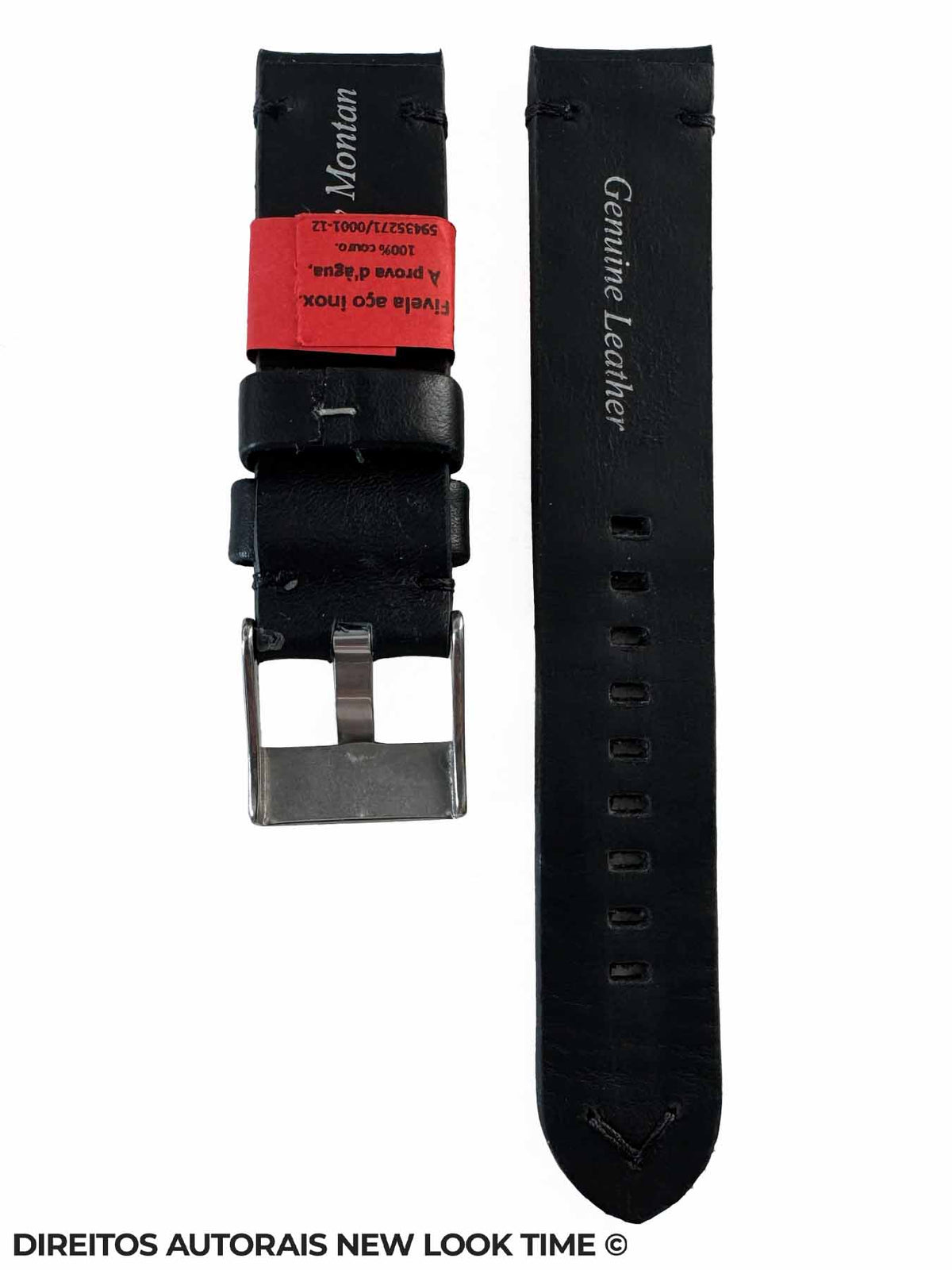 Pulseira Couro Preta Relogios 20mm Montan Costura na Cor Fivela Prata