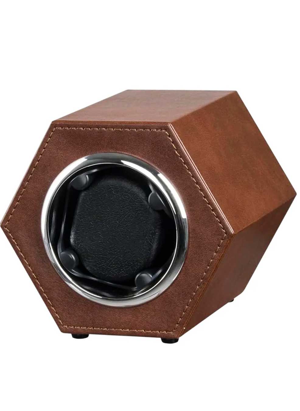 Estojo Simples Hexagonal em Couro Marrom para Relógios Automáticos *Watch Winder